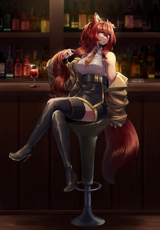 OC in a bar with moody lighting. A piece mainly done for lighting test and I still really like it to this day.